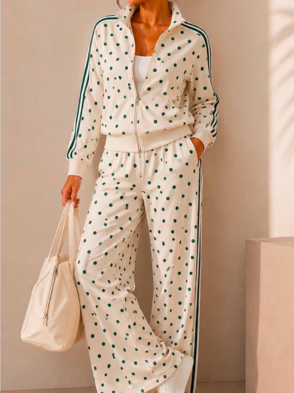 Women’s Cream Polka Dot Wide-Leg Jogger Pants - Green Dot